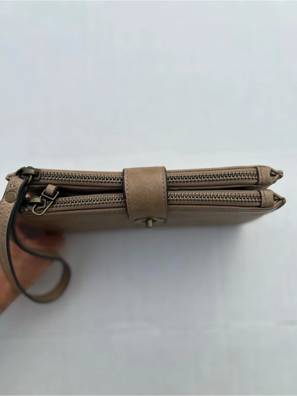 Maurices Taupe Faux Leather Turn-Lock Oversized Wristlet Wallet